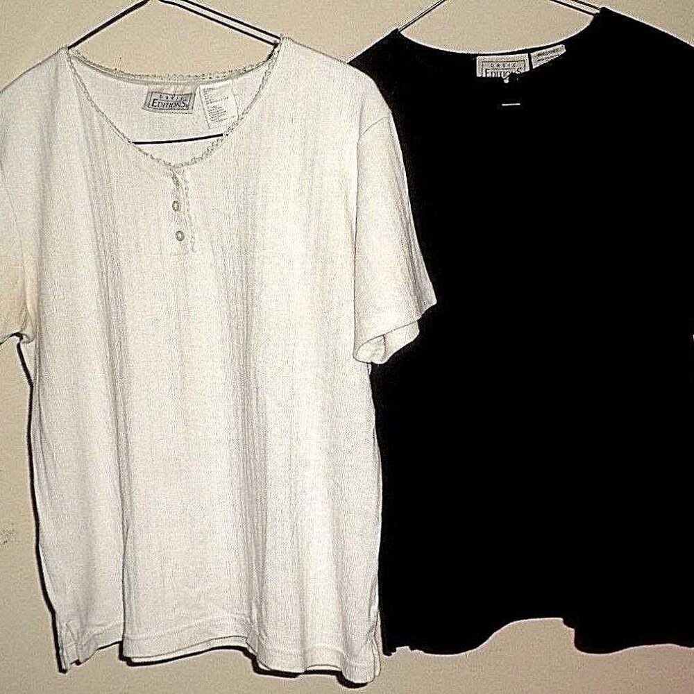 2 BASIC EDITIONS short-sleeve jerseys: 1 white stripe-weave, 1 black solid. Sz S